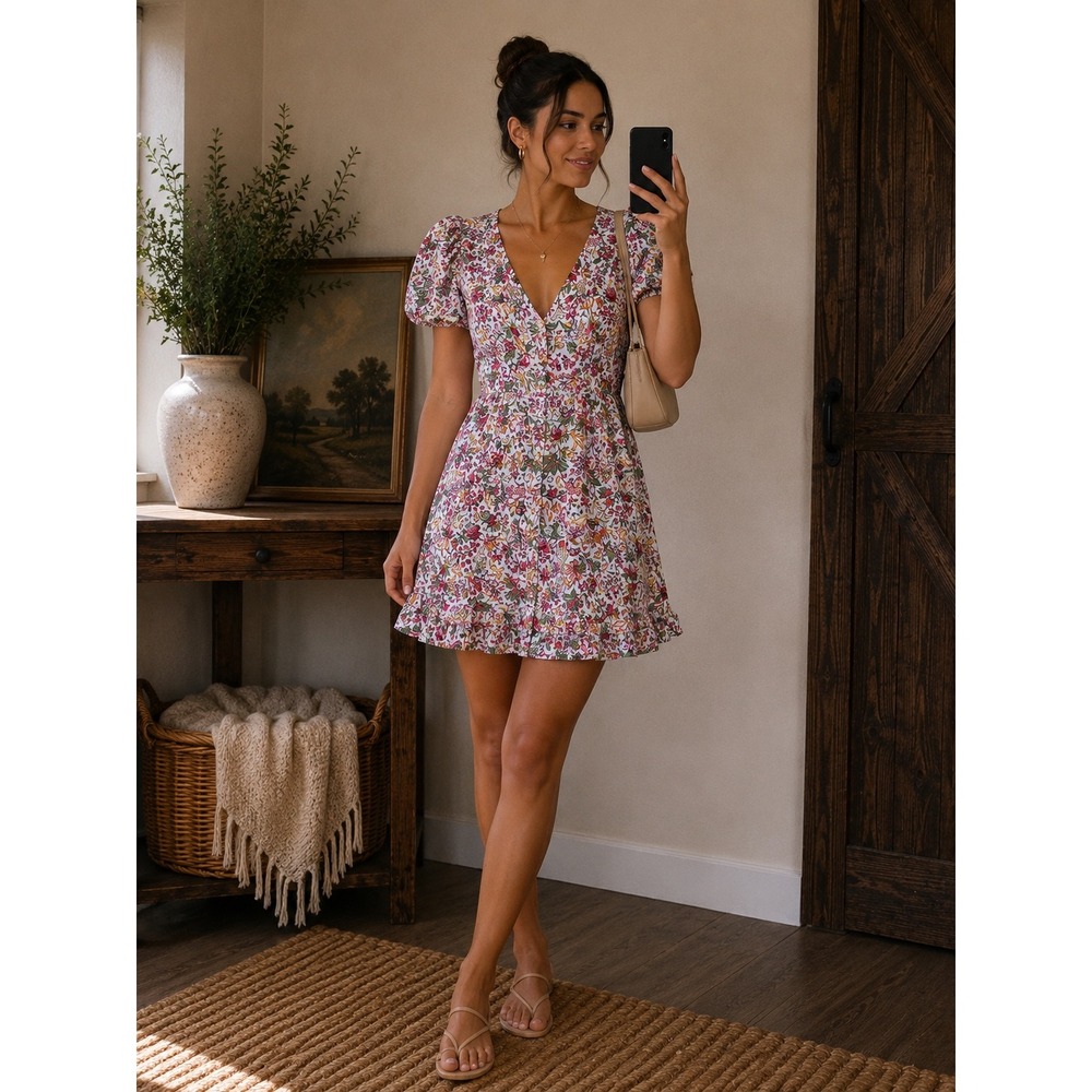 LOFT Women Floral Button Front V-Neck Ruffle Hem‎ Fit & Flare Dress Red White 8